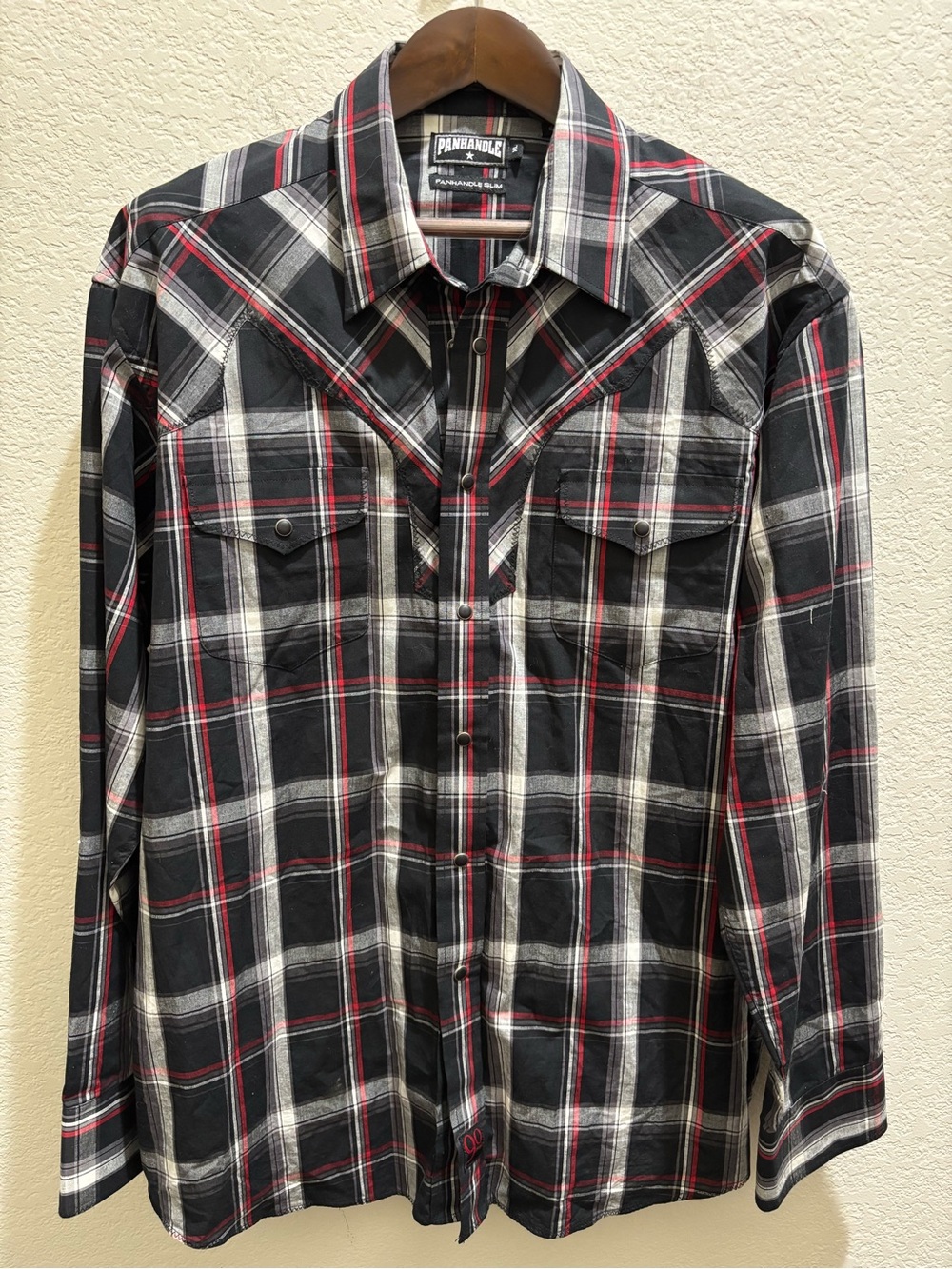 Panhandle Slim Men’s XL Black Red Plaid Western Snap Button Embroidered Shirt